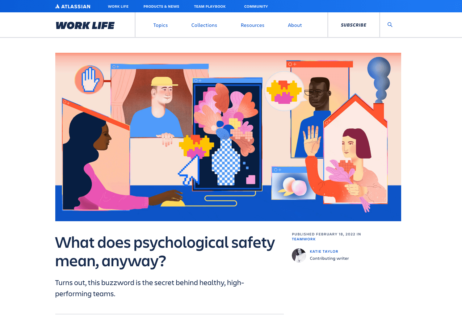 screenshot of the Work Life Atlassian blog with an illustration about psychological safety by isabel albertos