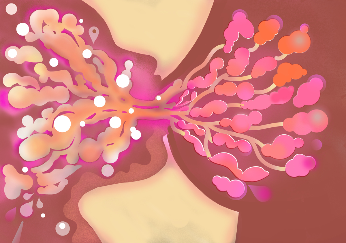 illustration of the silhouette of a baby breastfeeding. The breast glands and milk create a pattern 