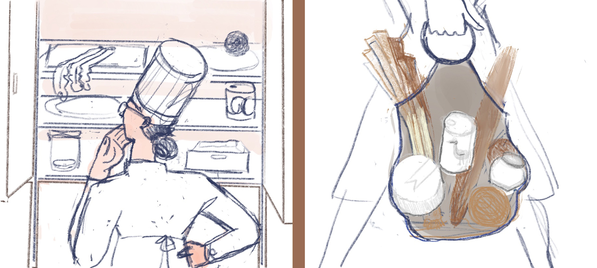 two sketches for the article about food shortage in France. The first one is a chef looking into an empty cupboard. The sencond is a shopping bag with missing products in it