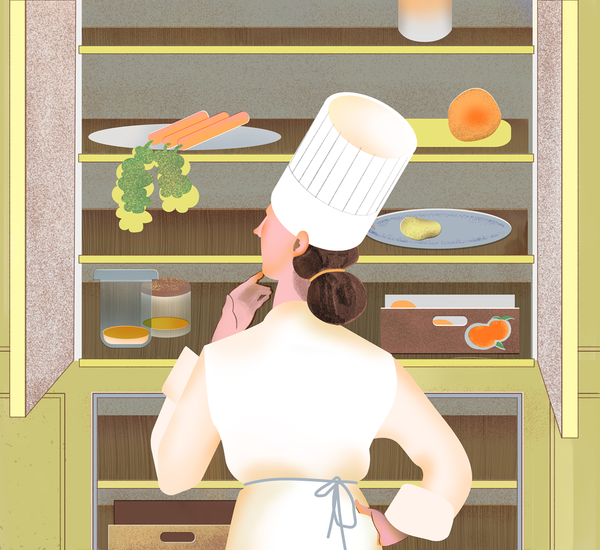 illustration by isabel albertos of a chef that looks like Anne-Sophie Pic looking into an almost empty cupboard