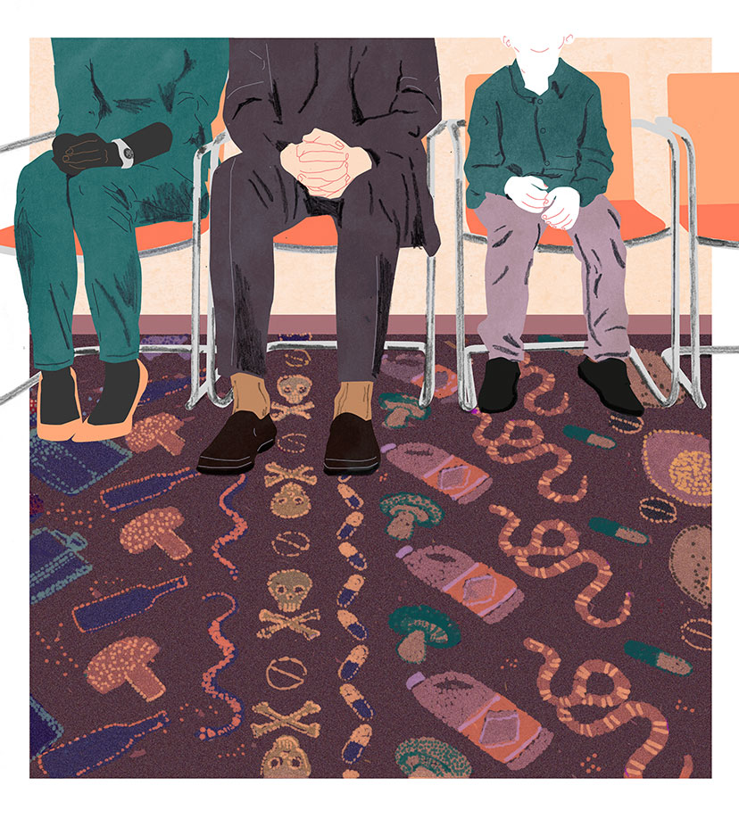 people hospital waiting room toxic pattern carpet