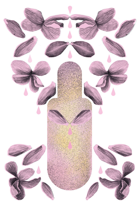 illustration of a violet syrup with a bottle in the middle and violet petals arranged symmetrically