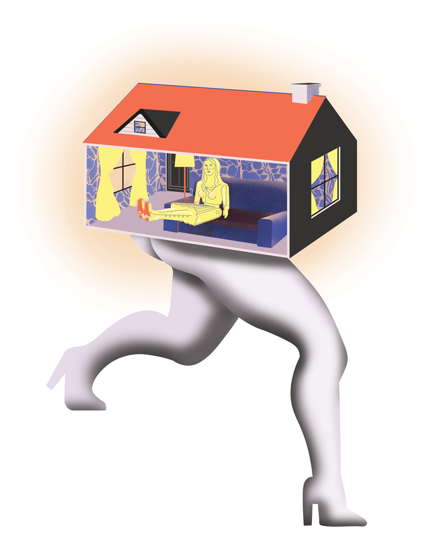 Illustration of a house with legs and Laurie Simmons sitting inside