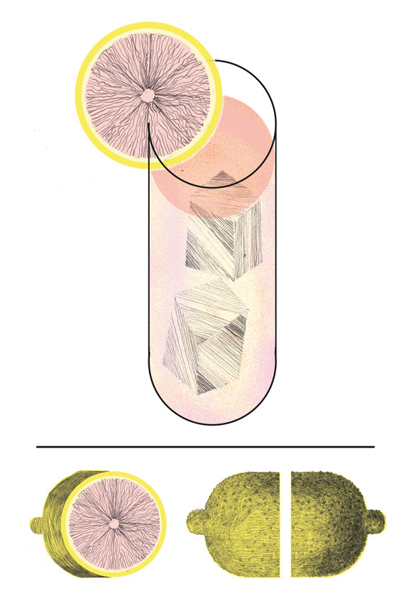 refresco-cocteles-colombine-isabel-albertos illustration of a lemonade with a lemonade glass on top and three lemons cut in half at the bottom