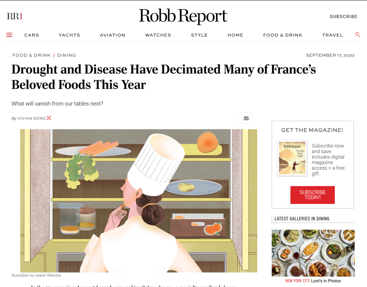 screenshot of a Robb Report article titled Drought and Disease Have Decimated Many of France’s Beloved Foods This Year