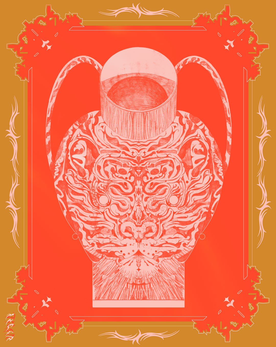 illustration of a vase with the face of a tiger on it