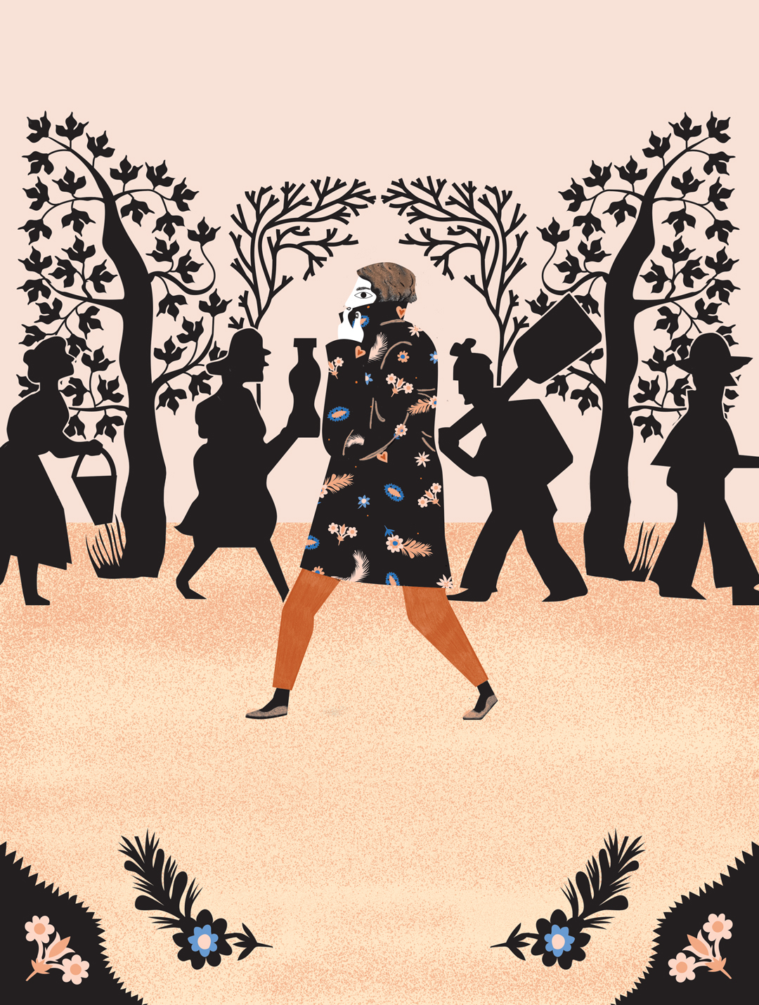 illustration of a woman walking for the cover of Surprise magazine