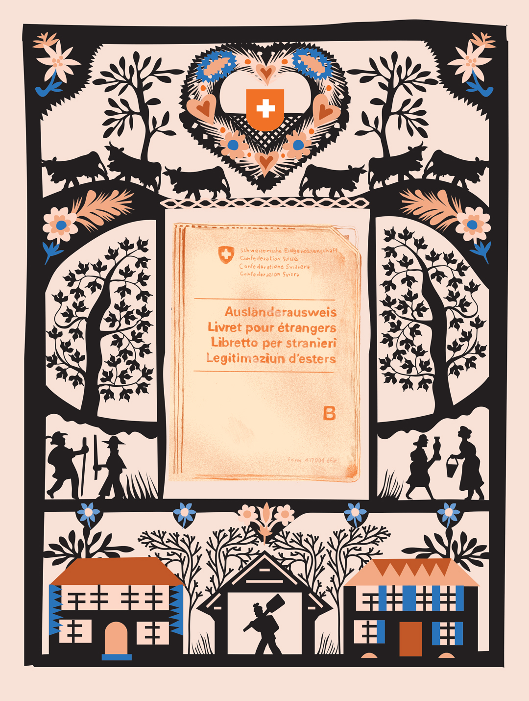illustration of a passport in the center of a traditional Swiss papercut desing