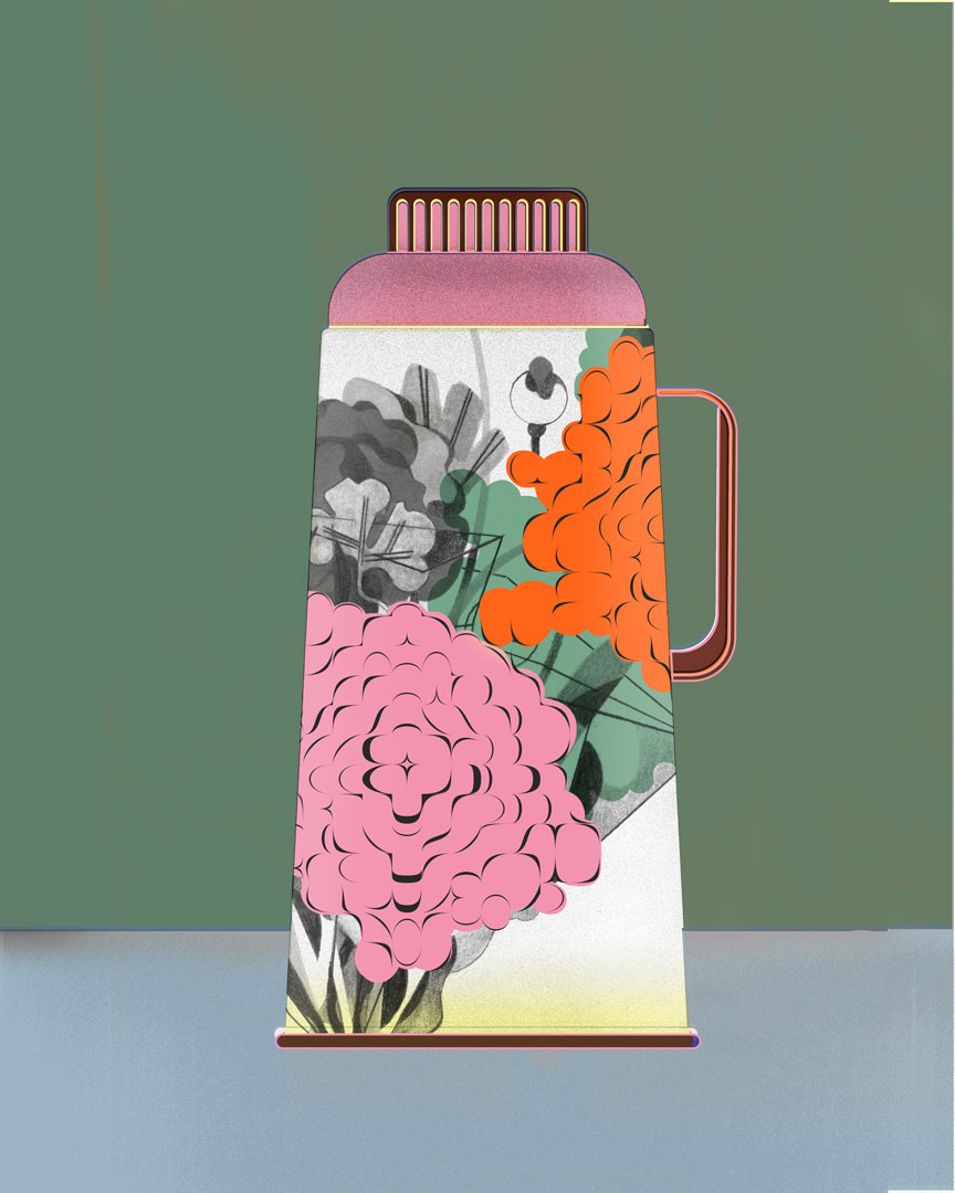 illustration of a vacuum flask decorated with flowers
